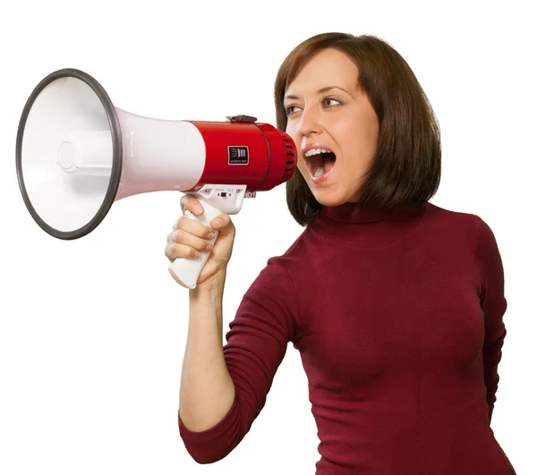 Jovem mulher gritando com megafone — Fotografia de Stock