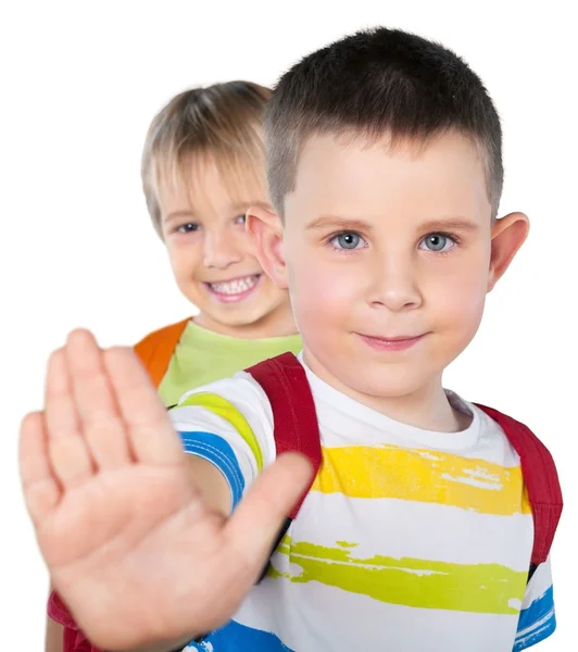 Escola meninos gesto sinal parar — Fotografia de Stock