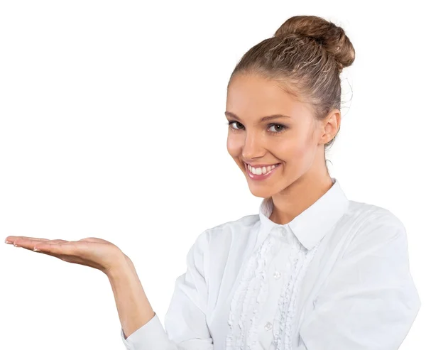 Mujer joven feliz aislado presentando —  Fotos de Stock