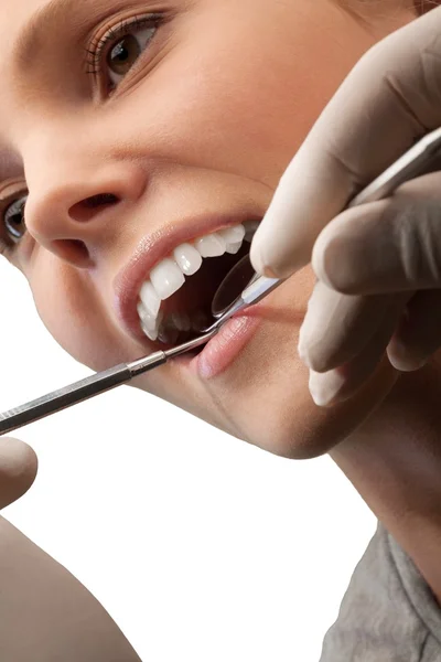Női fogak és szájtükör — Stock Fotó