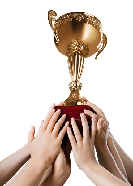 Hands holding golden trophy — Stock Photo, Image