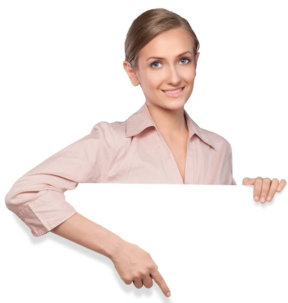 Businesswoman with white blank — Stock Photo, Image