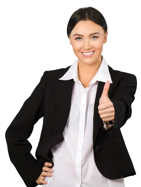 Бізнес-леді стоїть з великими пальцями вгору — стокове фото
