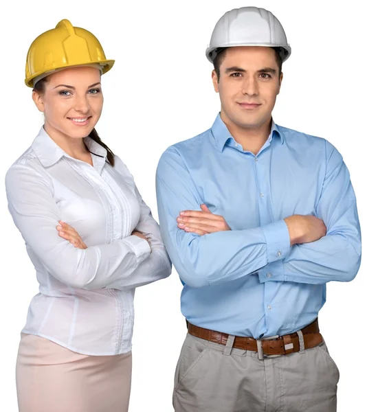 Два инженера в шлеме — стоковое фото