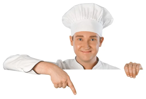 Шеф-повар показывает рекламный щит в форме — стоковое фото
