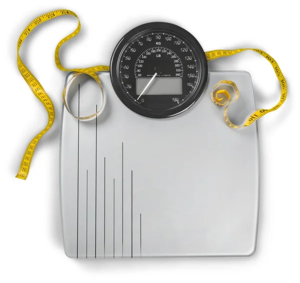 Bathroom scale with a measuring tape — Stock Photo, Image