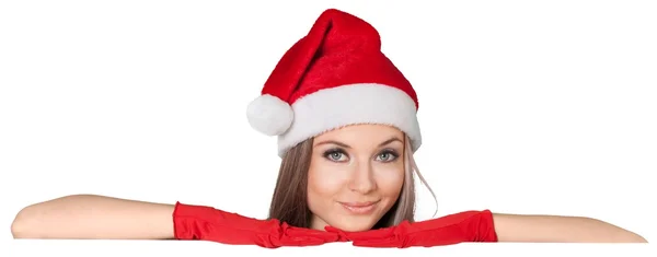 Kobieta w Santa hat z banerem — Zdjęcie stockowe