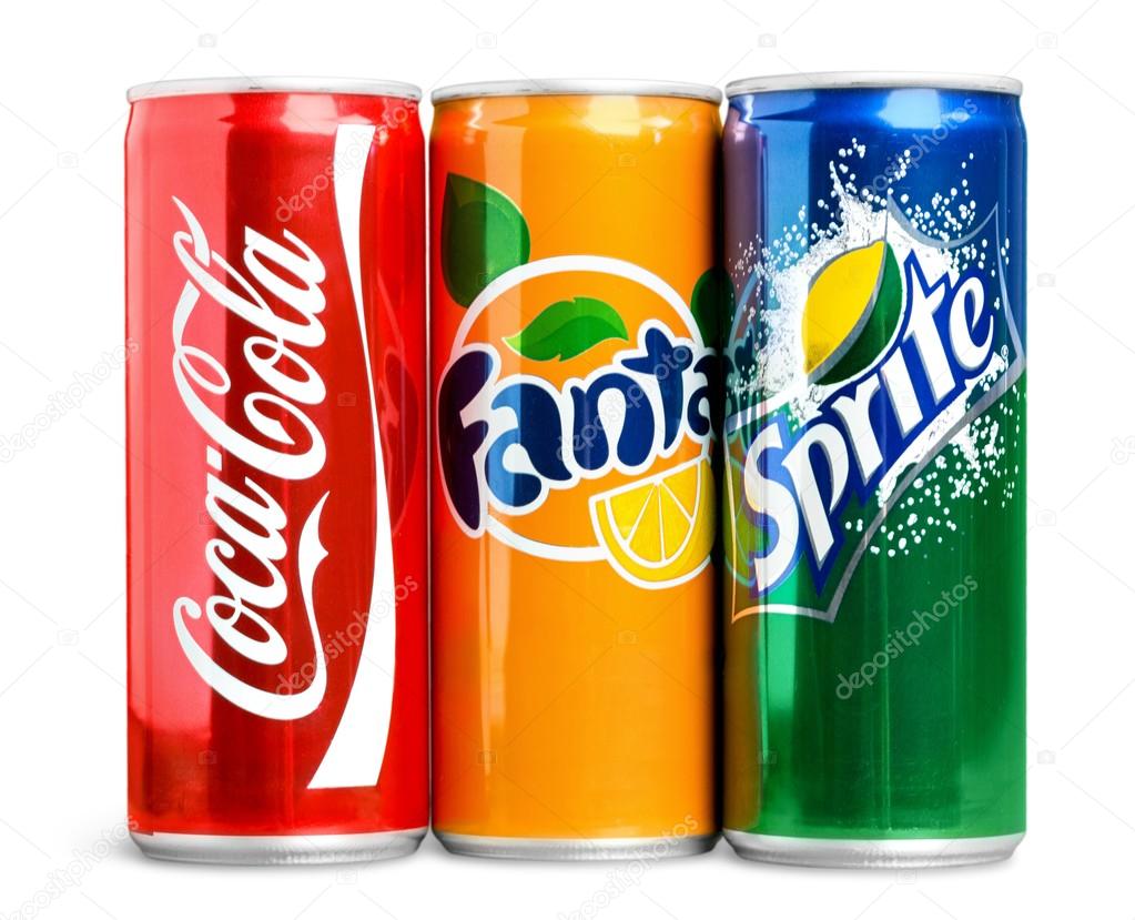 KHERSON, UKRAINE - NOVEMBER 11, 2014: Coca Cola,Fanta and Sprite cans isolated on white background