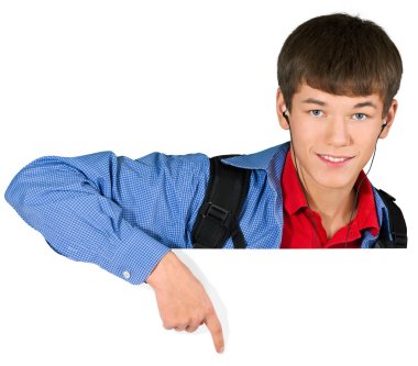 parmak ile işaret sırt çantası ile öğrenci