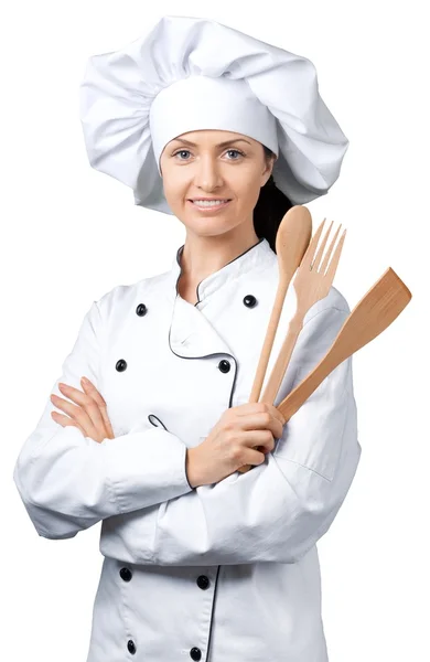 Chef donna in cappello e cappotto — Foto Stock