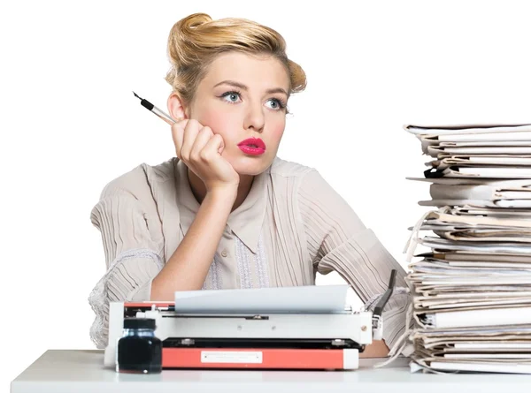 Woman working on vintage typewriter — Stock Photo, Image