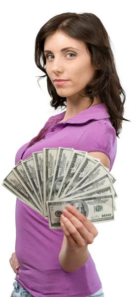 Casual kvinna anläggning pengar — Stockfoto