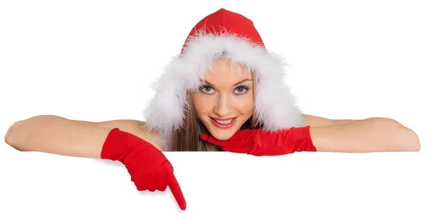 Mulher em chapéu de Santa com banner — Fotografia de Stock