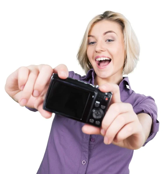 Woman-photographer taking selfie — Stock Photo, Image