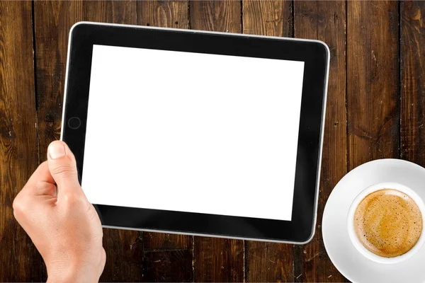 Homem e tablet pc com café — Fotografia de Stock