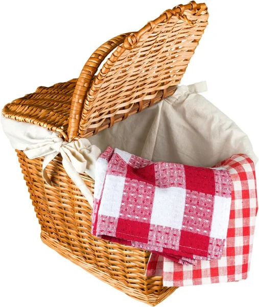 Wicker picnic basket with a red gingham — Stock Photo, Image