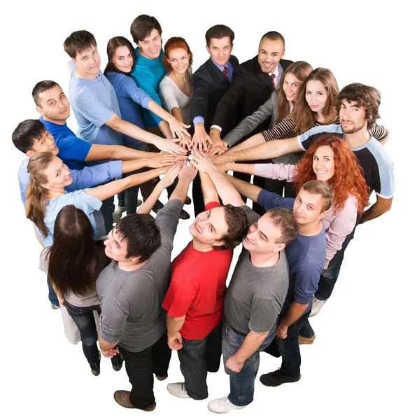 Gruppe Lächelnder Kollegen Die Sich Die Hände Zusammenlegen Teamwork Konzept — Stockfoto