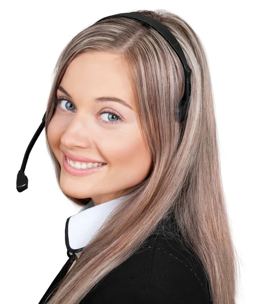 Młoda kobieta twarz ze słuchawkami — Zdjęcie stockowe