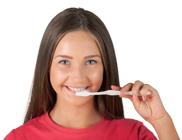 Piękna dziewczyna czyszczenia zębów — Zdjęcie stockowe