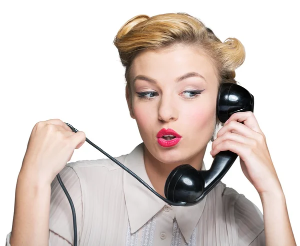 Žena hovoří na vinobraní telefonu — Stock fotografie