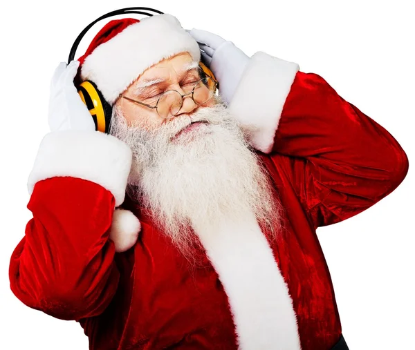 Papai Noel em fones de ouvido — Fotografia de Stock