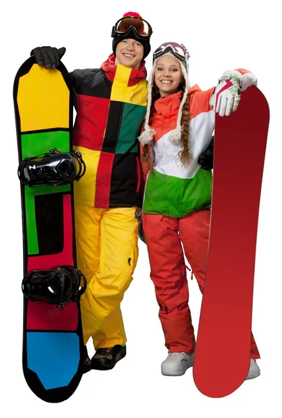 Szczęśliwa młoda snowboardzistów — Zdjęcie stockowe