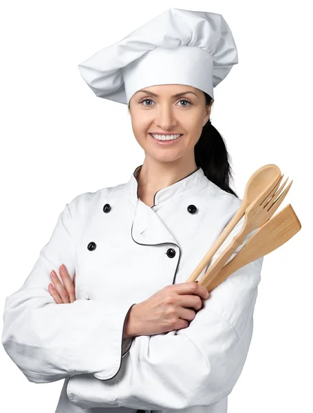 Žena kuchař v čepici a kabát — Stock fotografie