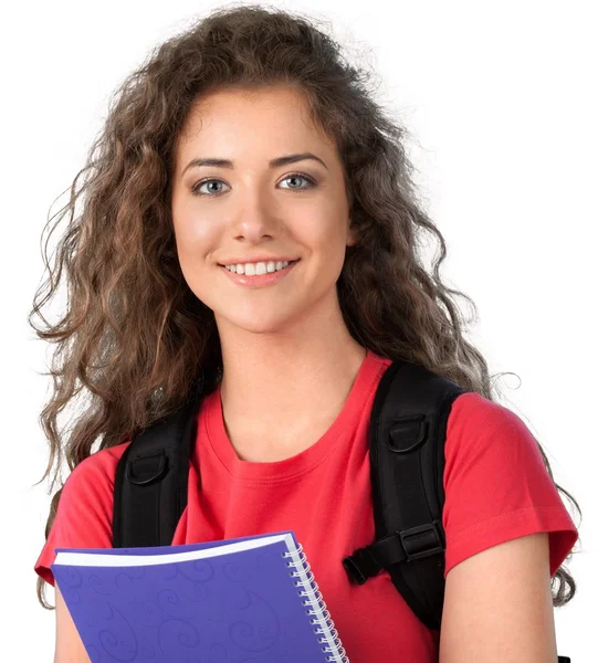 Estudiante chica sosteniendo colorido cuaderno — Foto de Stock