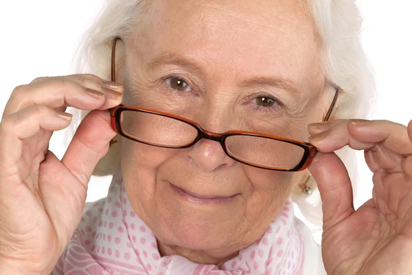 Grijze haren vrouw in glazen — Stockfoto