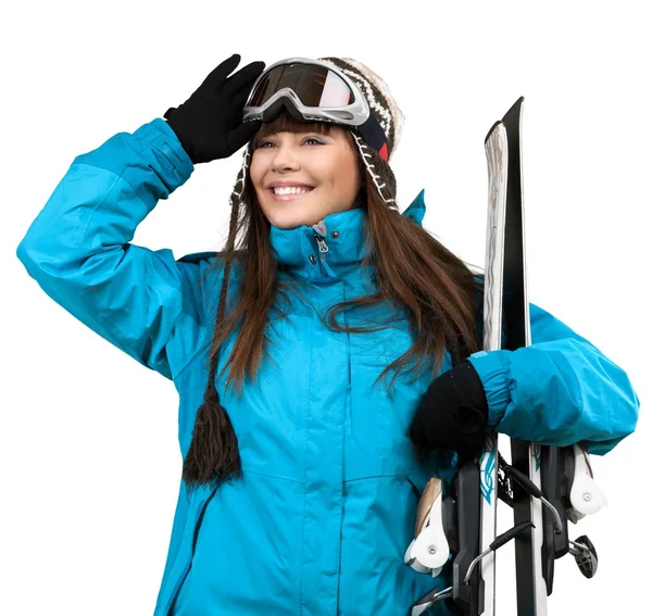 Νεαρή γυναίκα με snowboard — Φωτογραφία Αρχείου