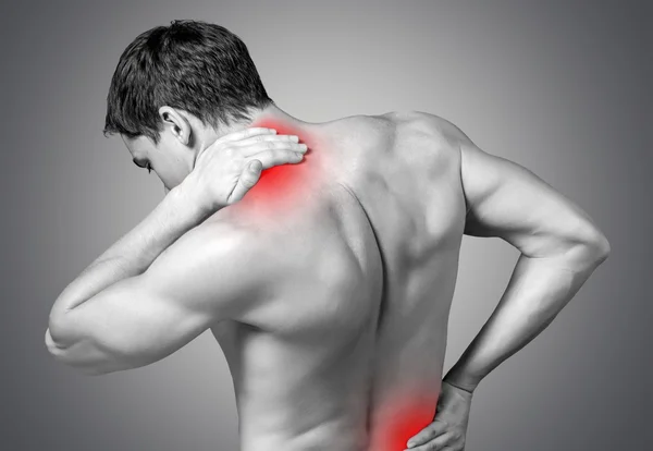 Homem forte com dor no pescoço — Fotografia de Stock
