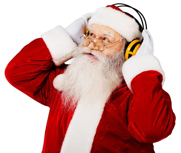 Papai Noel em fones de ouvido — Fotografia de Stock