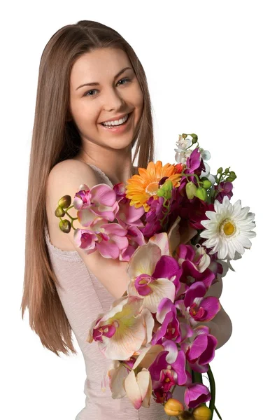 Menina bonita com buquê de flores — Fotografia de Stock