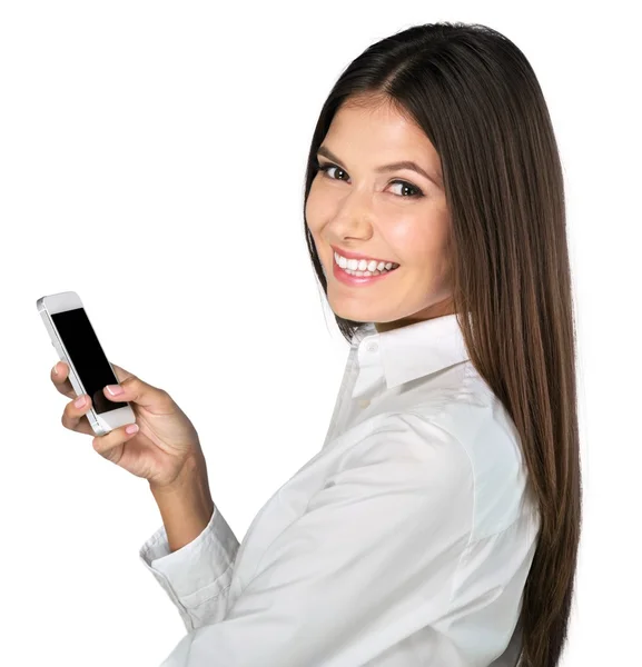 Jonge zakenvrouw met telefoon — Stockfoto