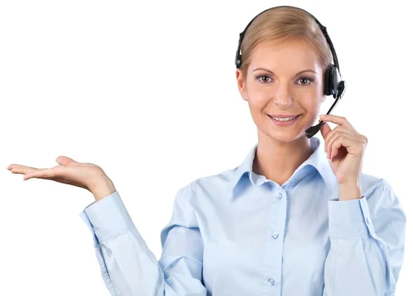 Cara de mujer joven con auriculares — Foto de Stock