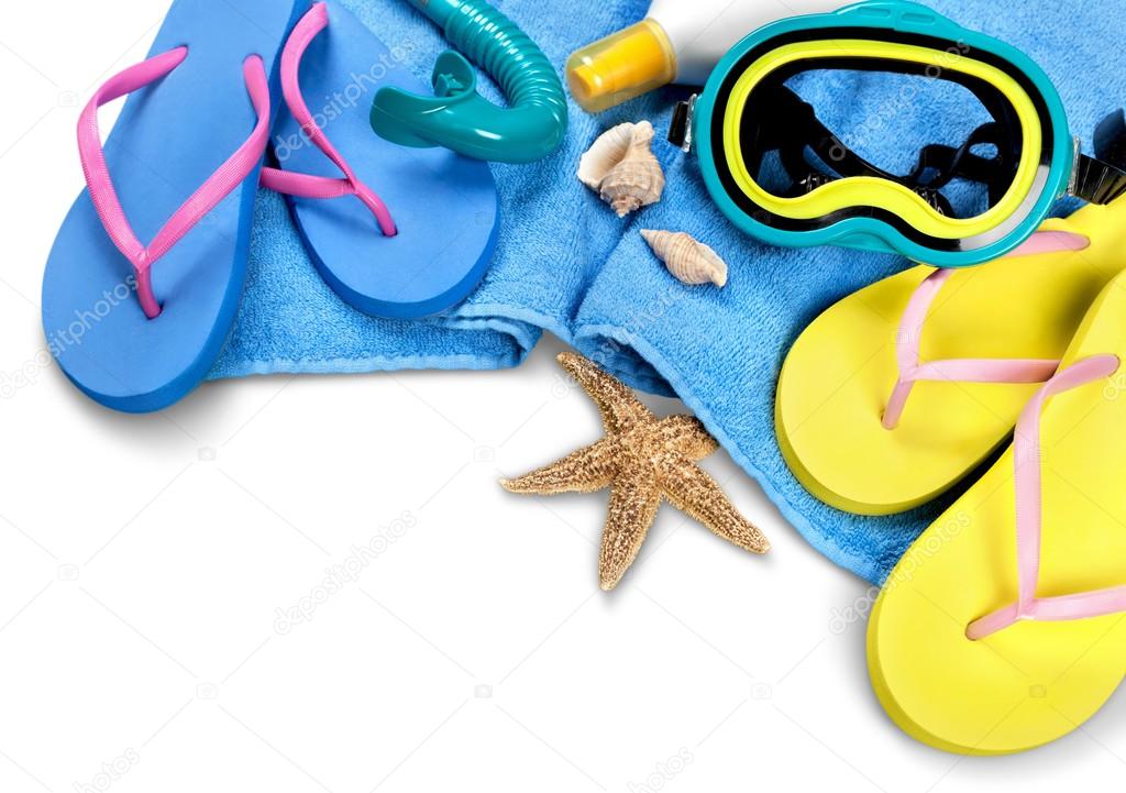 snorkel and mask for diving and  flip-flops