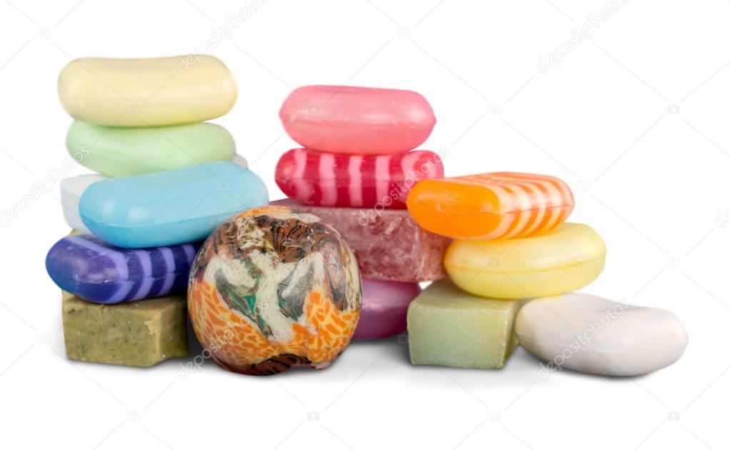 Row of handmade colorful soaps 