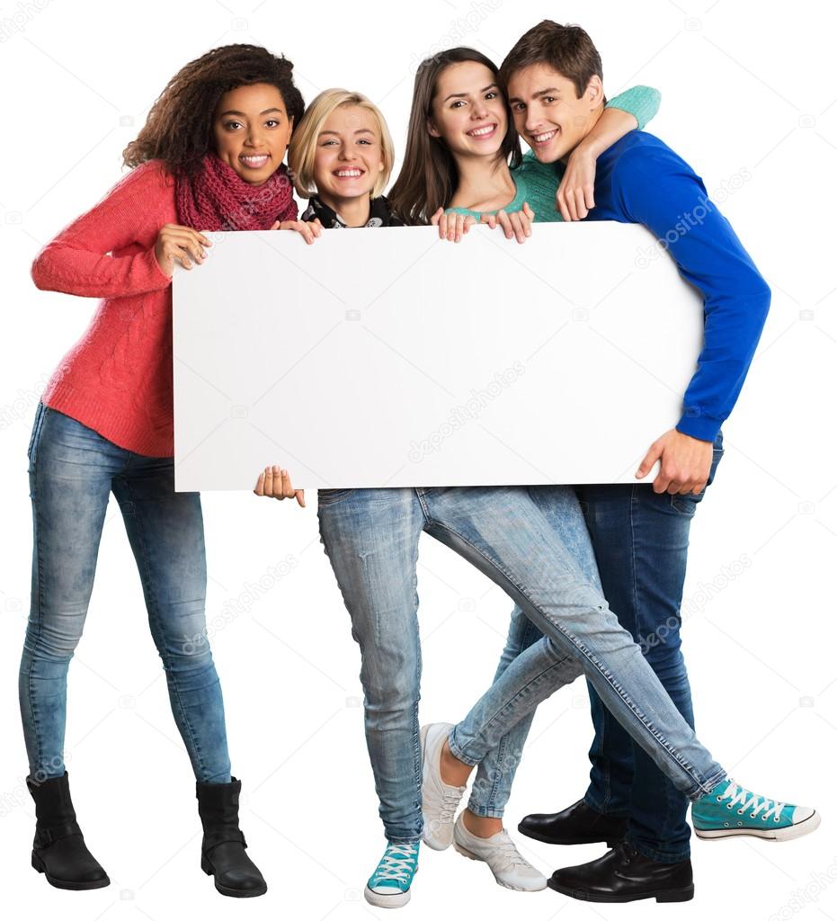 teens holding blank banner