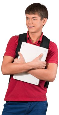 sırt çantası laptop holding ile genç adam