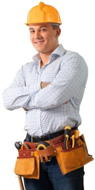 Erkek işçi alet kemeri ile