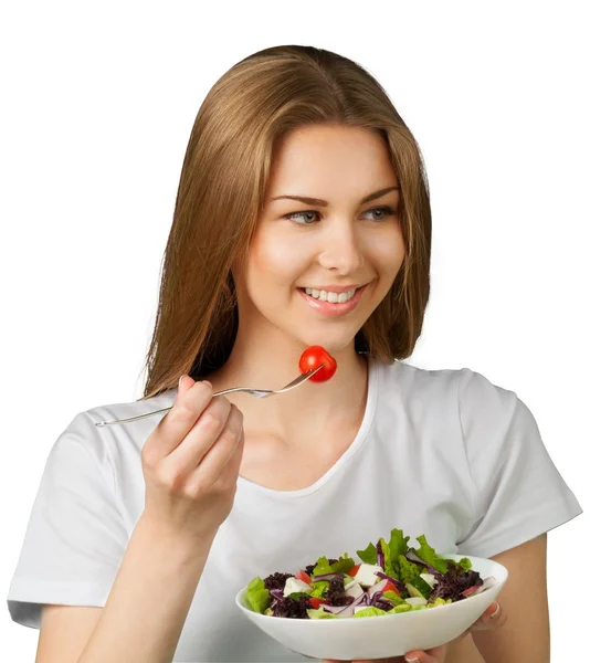 Aantrekkelijke Kaukasische vrouw met salade — Stockfoto