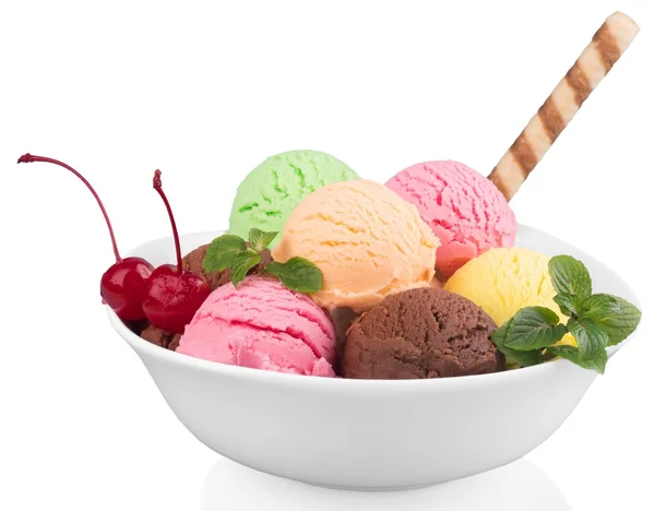 Ice cream scoops in bowl with wafer — Stock Photo, Image