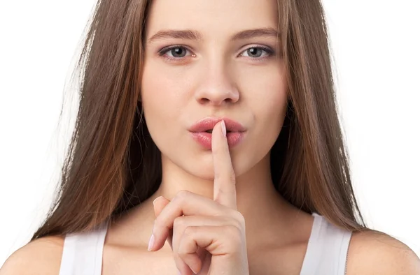 Jonge vrouw een hush-gebaar maken — Stockfoto