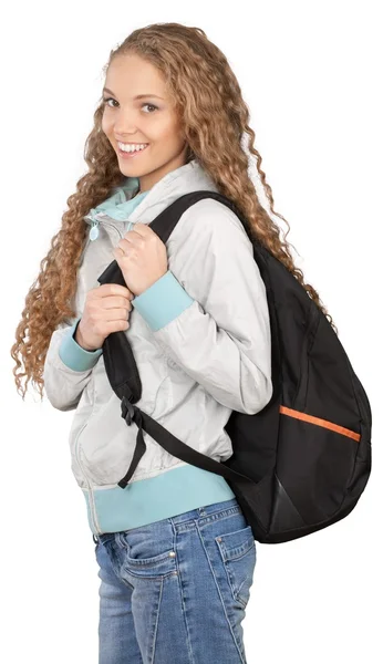 Genç kadın okul çantası ile poz — Stok fotoğraf