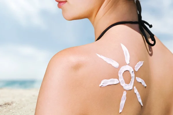 Woman with Sunscreen Solar Cream — Stock Photo, Image