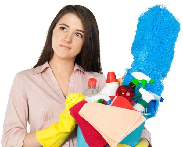 Jovem com produtos de limpeza — Fotografia de Stock