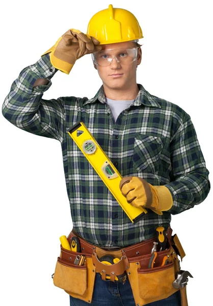 Manliga arbetare med verktygsbälte — Stockfoto
