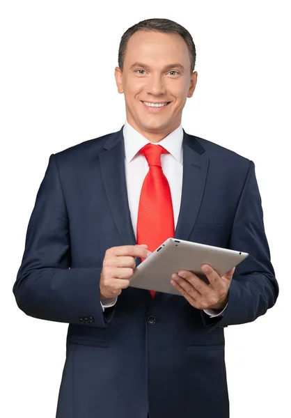 Gelukkig zakenman met tablet pc — Stockfoto