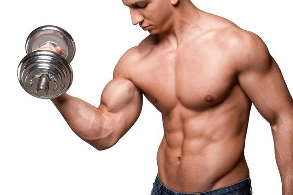Muscle man with dumbbell — Stock Photo, Image
