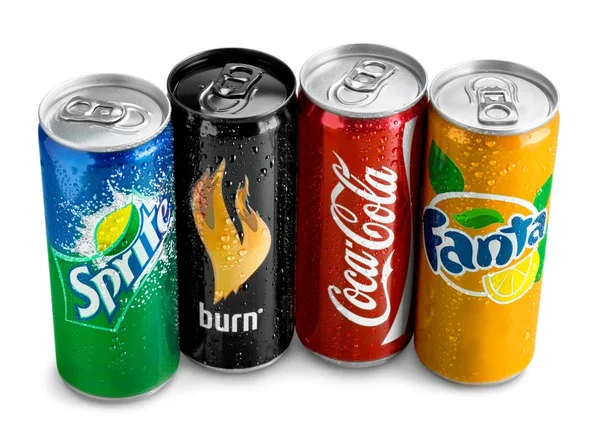 Latas de Coca Cola, Fanta y Sprite — Foto de Stock